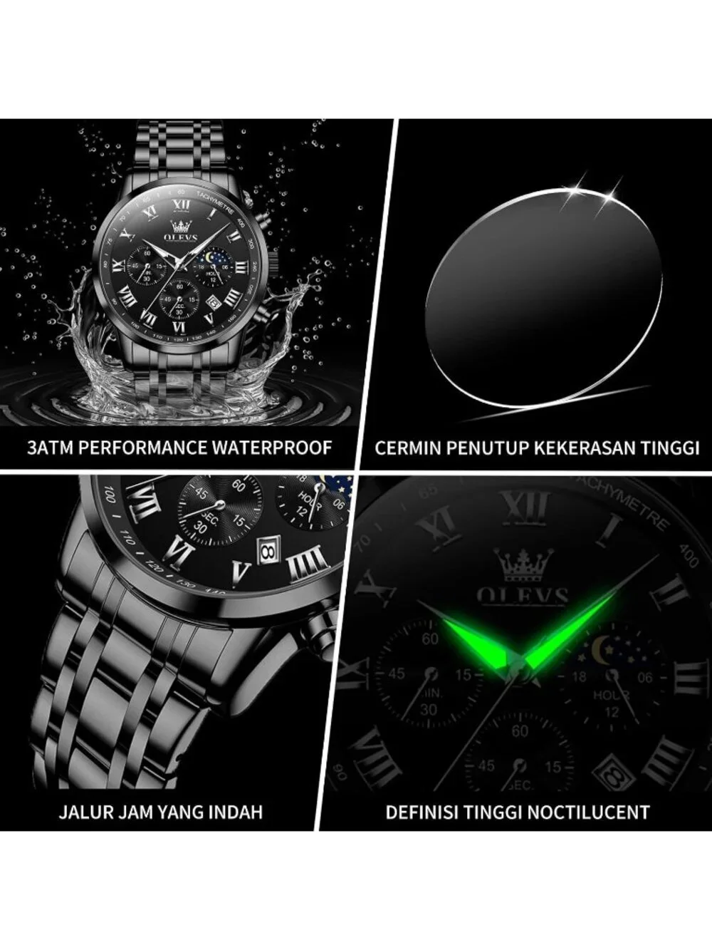 Olevs Men's Black Multifunction Waterproof Luminous Chronograph Wrist Watch